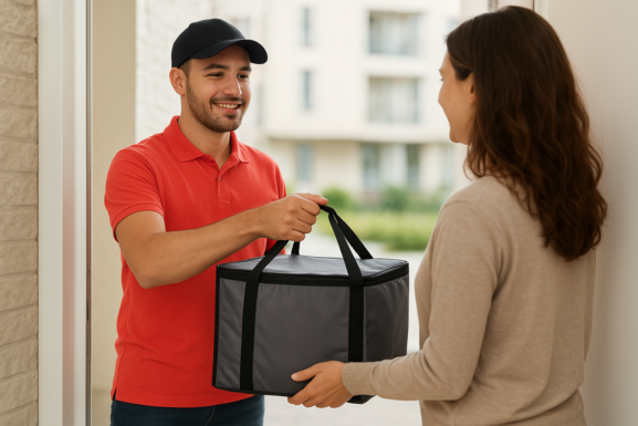 Livreur apportant un repas à domicile dans un sac isotherme moderne.