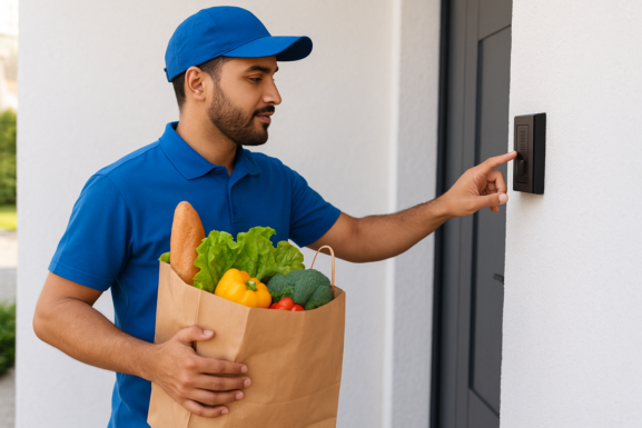 Livreur apportant des sacs de courses devant la porte d’un client.