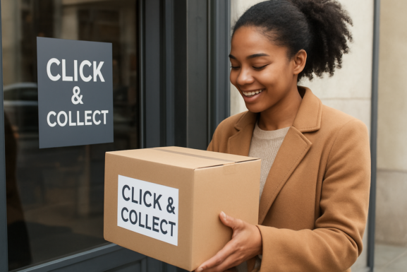 Client récupérant une commande Click & Collect dans un commerce local.