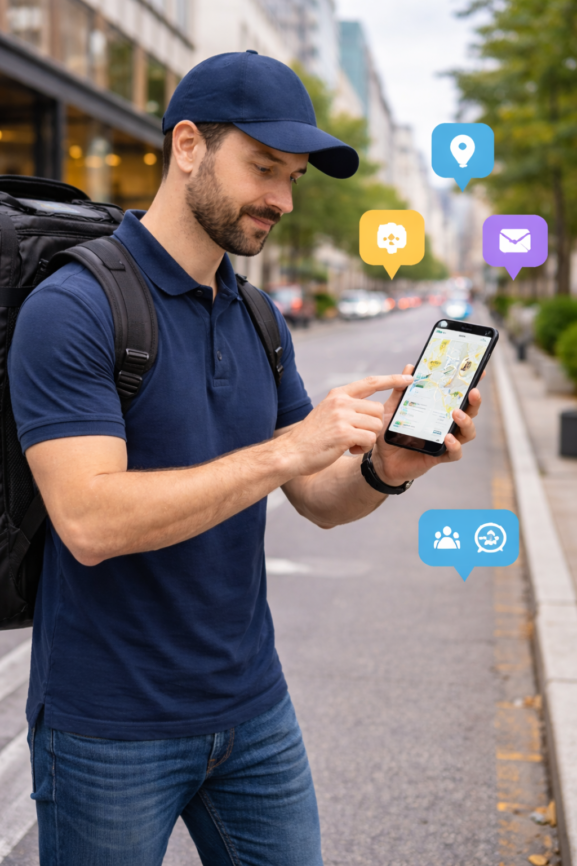 Livreur utilisant une application de livraison avancée sur smartphone lors d’une tournée urbaine.