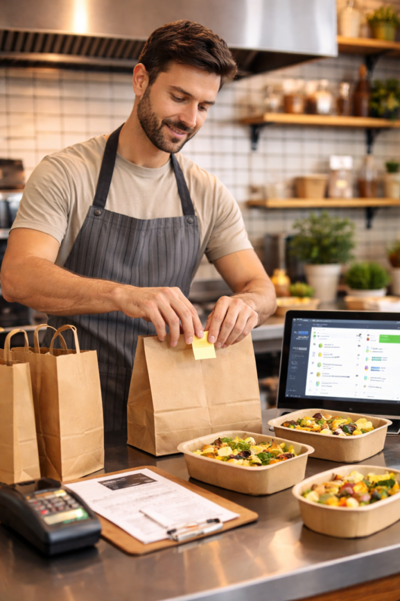 Restaurateur indépendant préparant des commandes destinées à une plateforme de livraison locale.